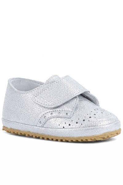 hapshoe Genuine Leather Silver Gray Velcro Baby Booties