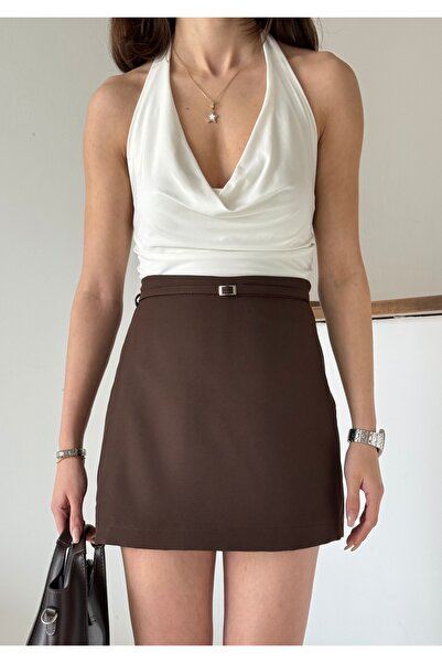 Arfami Fusta mini maro pentru femei, cu fermoar lateral și detaliu curea cu c...