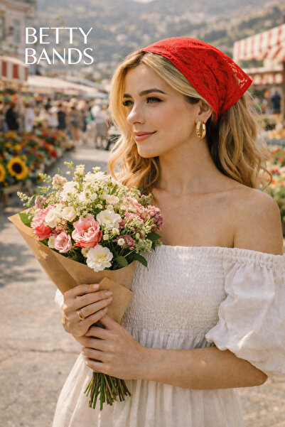 Handmade Betty Bands Red Lace Scarf Hat – Tie-Up Vintage Style Hair Accessory...