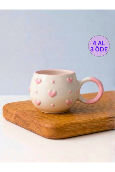 KYA CERA Pembe Kalp Kabartmalı Tekli El Yapımı Kupa