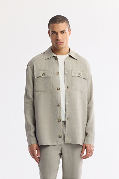 Avva Erkek Gri Klasik Yaka %100 Keten Comfort Fit Gömlek Ceket A51Y2087