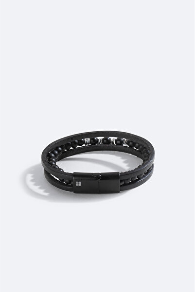 Avva Men's Black Leather and Hematite Stone Bracelet A51Y9600