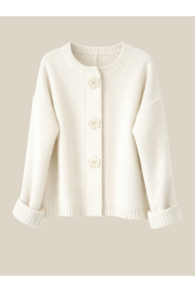 Retrobird Jachetă cu nasturi cu flori de design Cardigan pentru femei Ecru