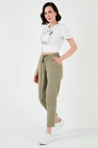 Lela Pamuk Struk Na vezivanje Visok struk Lan Izgled kratkih nogavica HLAČE 6...