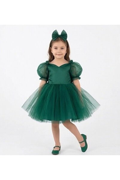 ELLUSSİ Rochie pufoasă cu mâneci scurte tip balon, cu detaliu inimă, verde sm...