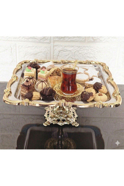 atabey home collection 1 Adet Kare Ayaklı Gümüş Sunum Tepsisi Gold Gül Çerçev...
