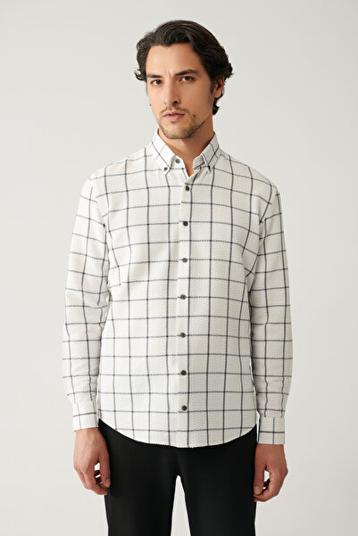 Avva Men's White Easy-Iron Waffle Plaid Regular Fit Shirt A41Y2125