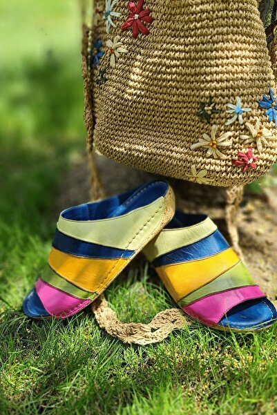 İNZE AYAKKABI Milas- Πολύχρωμες Παντόφλες από Γνήσιο Δέρμα