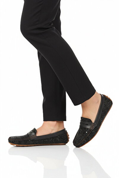 Aspor Black Stone Embroidered Women's Ballerinas