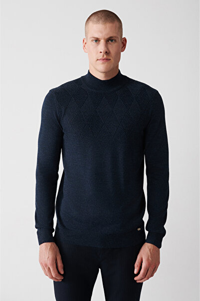 Avva Muški indigo džemper s poluvisokim ovratnikom i prednjim uzorkom A32Y5193