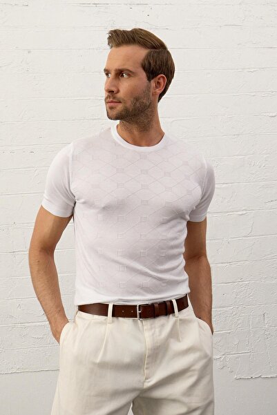 Danger Ανδρικό τετράγωνο Με σχέδιο Slim-Fit καλοκαιρινό πλεκτό μπλουζάκι λευκό