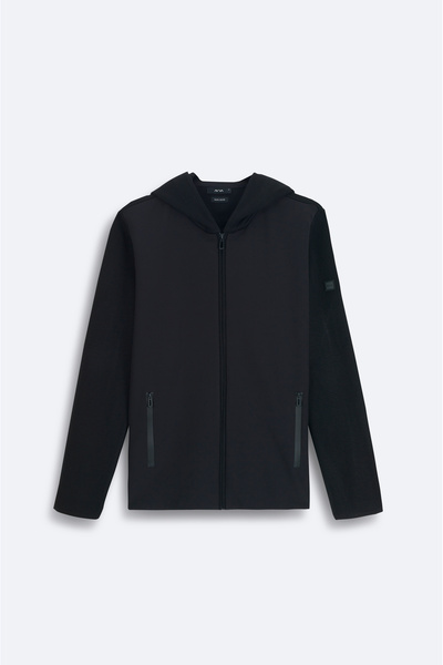 Avva Schwarze Herren-Strickjacke aus Wolle – Kapuzenpullover, Reißverschluss,...