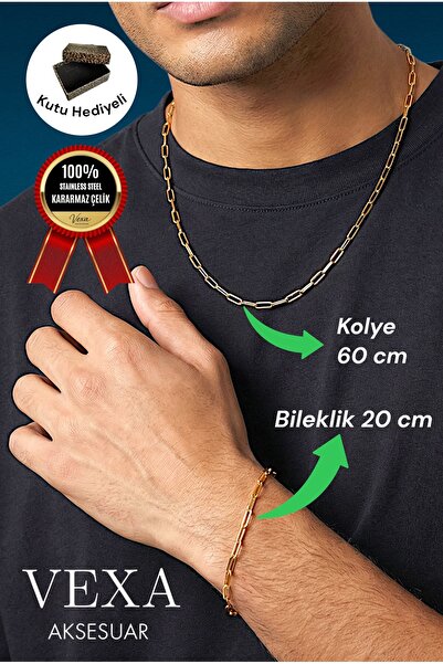 Vexa Aksesuar Kararmaz İthal Çelik Ataç Model Zincir Kolye & Bileklik Set – Ö...