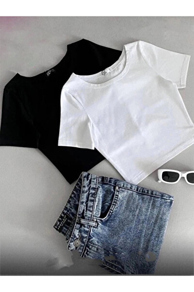 buğlem collection Kadın 2'lİ Paket Fitilli Bisiklet Yaka Kaşkorse Crop T-Shirt.