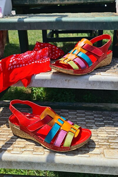 İNZE AYAKKABI Side- Red Colored Genuine Leather Sandals
