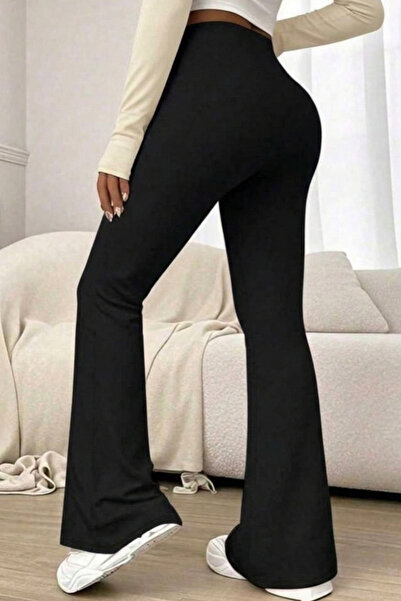 Mood Lab Siyah İspanyol paça Toparlayıcı Dikiş Detaylı Örme Tayt Pantolon