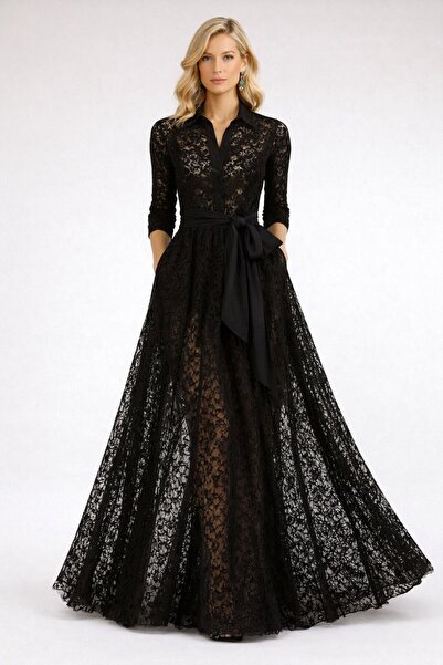 ALYEL NAKER Kuşak Detaylı Transparan/Astarsız Siyah Dantel Maxi Gömlek Elbise