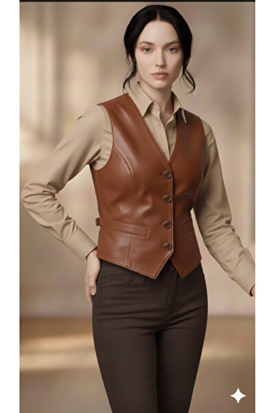 Savran Deri Classic Cut Tan Genuine Leather Vest