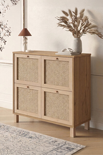 Yurudesign Dune Ayakkabılık Çok Amaçlı Dolap Ahşap Ayaklı Ahşap Jüt Kapaklı S...