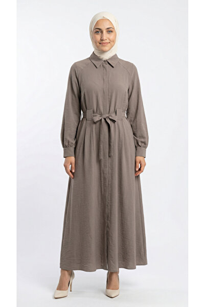 MİHRA STORE Φόρεμα Ayliz Boydan με κρυφή πατιλέτα και ζώνη-MF1801.1 Βιζόν