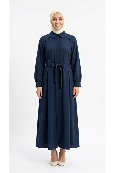 MİHRA STORE Φόρεμα Ayliz Boydan με κρυφή πατιλέτα και ζώνη-MF1801.1 Σκούρο Μπλε