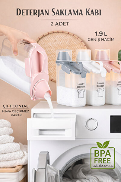 PraticBox 2’li Beyaz Kapaklı 1900 ml Hava Almaz Toz Deterjan Saklama Kabı Çif...