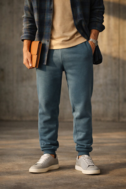 Souris Erkek Petrol Mavisi Rahat Kesim Eşofman Altı 3 iplik Şardonlu Kalın Kumaş