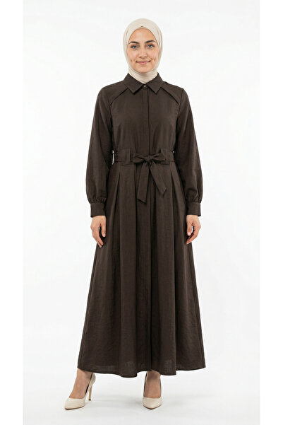 MİHRA STORE Φόρεμα Ayliz Boydan με κρυφή πατιλέτα και ζώνη-MF1801.1 Καφέ