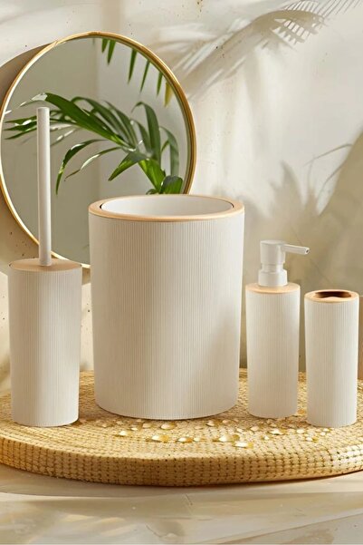 naturelove Set de baie din 4 piese în două culori - Coș de gunoi, perie WC, d...