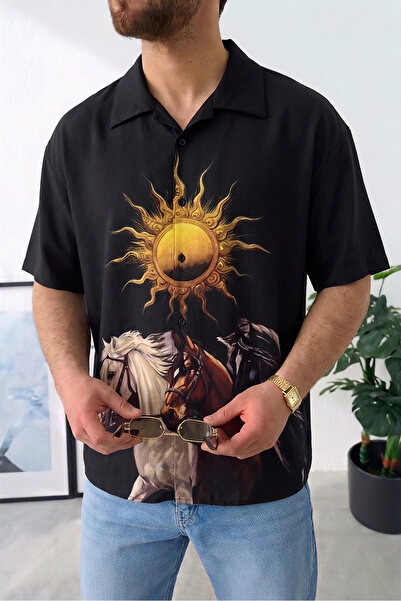 Wonraces Men's Oversize Apaş Collar Printed Short Sleeve Shirt