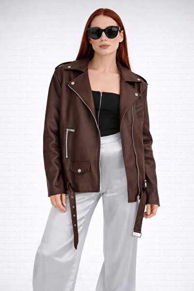 İLKCET MODA Jachetă lungă de damă din piele artificială maro amară oversize