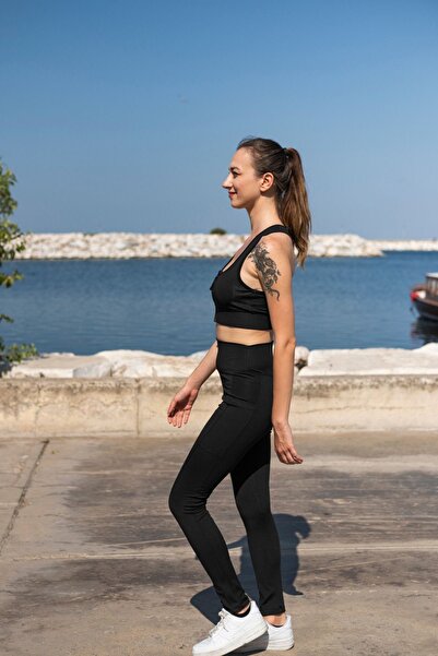 EMFURE Siyah Kadın Set Spor Tayt Ve Büstiyer Takım - Yoga Fitnes - Plates - Toparlayıcı Leggings