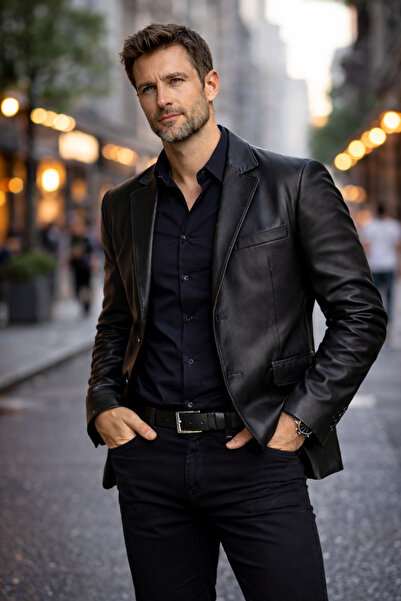 AsyaClub سترة Derije Diego من الجلد الطبيعي للرجال باللون الأسود