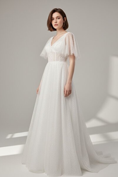 bride in love V yaka Akesim kloş kollu gelinlik nikah elbisesi