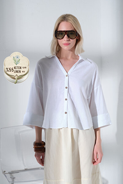 Maule Памучен ленен Truvakar с широки ръкави и маншети, дамска блуза Truvakar...