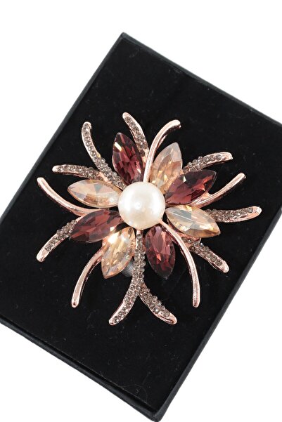 KEEBA Kış yıldızı çiçeği broş, taşlı pırlanta kesim gold dallı incili kadın y...