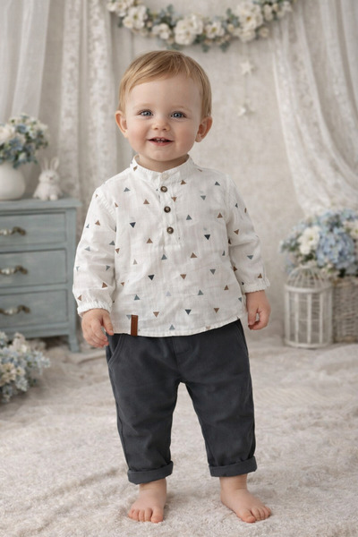 AKİ MODA KİDS Triangle Patterned Shirted Baby Boy Set – 2-Piece Baby Set with...