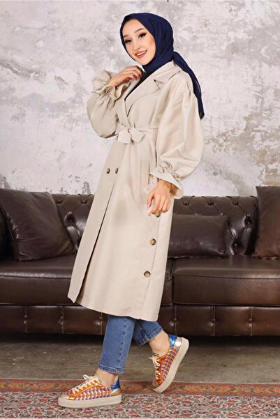 TRENDTESETTÜR KADIN BEJ KUŞAKLI DÜĞME DETAYLI TRENÇKOT T 36007