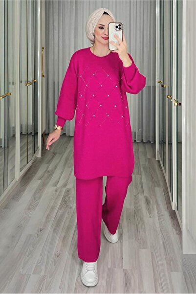 TRENDTESETTÜR KADIN FUŞYA TAŞ DETAYLI PANTOLONLU TRİKO TAKIM T 44421