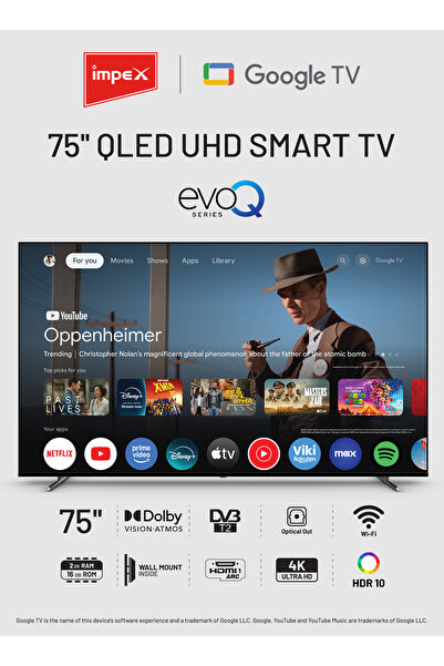 İMPEX Evoq75QLC 75" QLED 4K Google TV HDR10 Dolby Audio WiFi Bluetooth 16GB B...