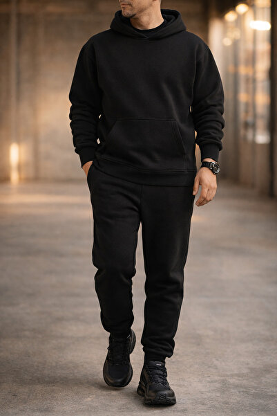 Souris Ανδρικό σετ αθλητικής φόρμας μαύρο χαλαρό κοψίματος 3 κλωστών επένδυση...