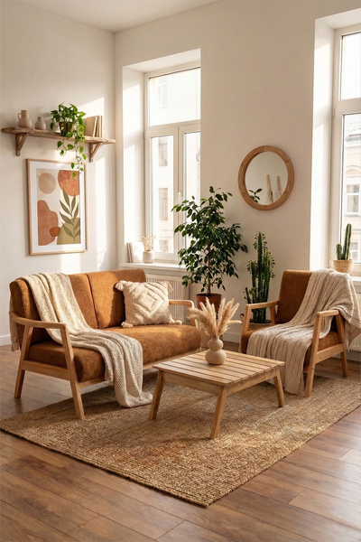 Zem Favela Bohem Çay Seti Natürel Ahşap, Hardal (1 ADET İKİLİ BERJER 1 ADET T...