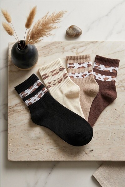 Esinti 4 Pairs of Women's Leopard Patterned Cotton College Socks - Anti-Sweat...