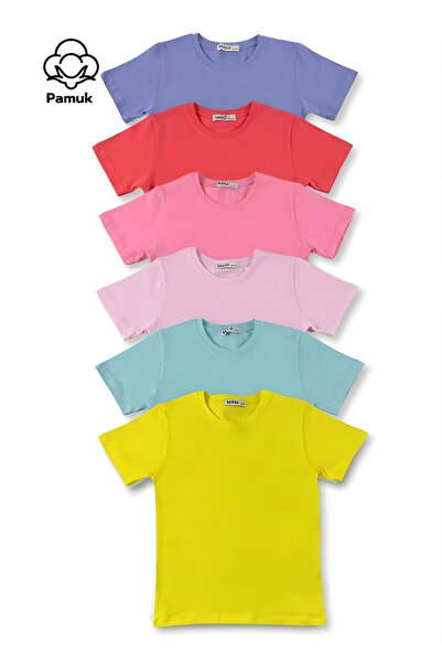 MK Mukko Kids Kız Erkek Çocuk 6'Lı Set Basic Tasarım Düz Kısa Kol Üst T-shirt