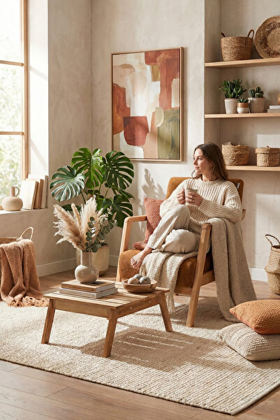 Zem Favela Bohem Çay Seti Natürel Ahşap, Hardal (1 ADET TEKLİ BERJER 1 ADET S...