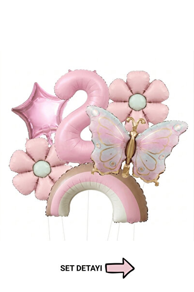 Bunloon 2 Yaş Retro Pembe Papatya Gökkuşağı Kelebek Temalı Balon Set