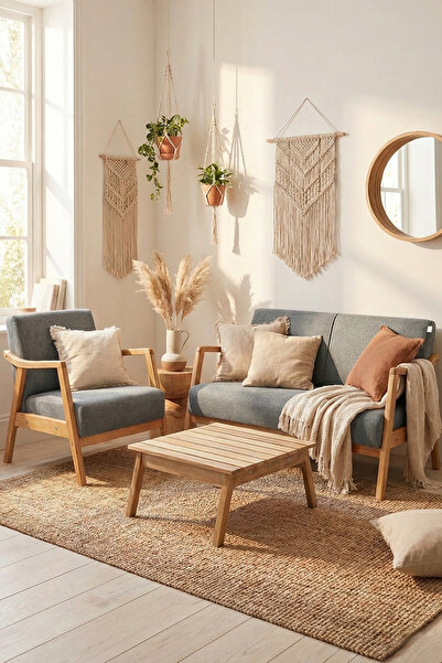 Zem Favela Bohem Çay Seti Natürel Ahşap, Gri (1 ADET İKİLİ BERJER 1 ADET TEKL...