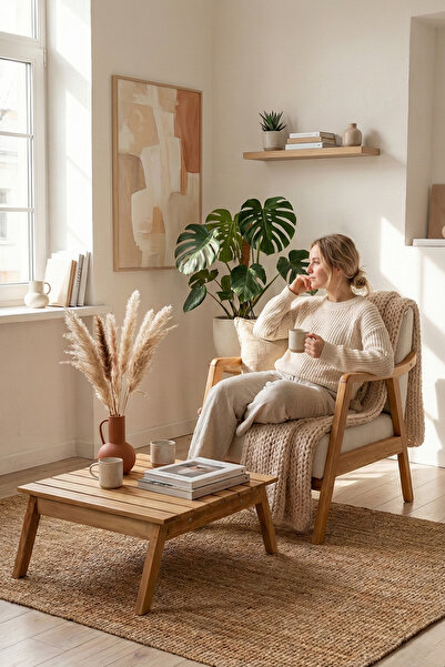 Zem Favela Bohem Çay Seti Natürel Ahşap, Kırık Beyaz (1 ADET TEKLİ BERJER 1 A...