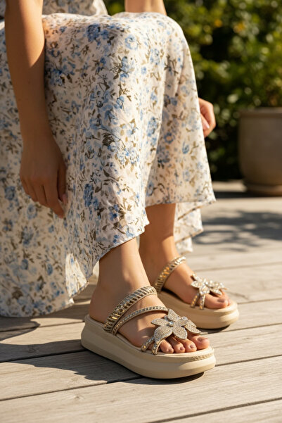 ZABİNA Kadın Gold Taşlı Dolgu Topuk Konforlu Yazlık Terlik