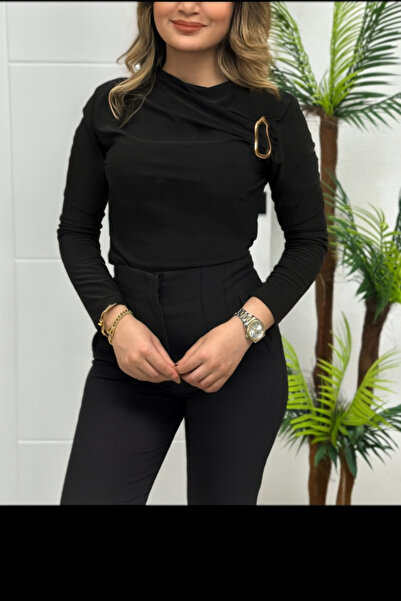 modam miss YENİ Gold Toka Detaylı Büzgülü Uzun Kollu Şık Drapeli Bluz dar kesim